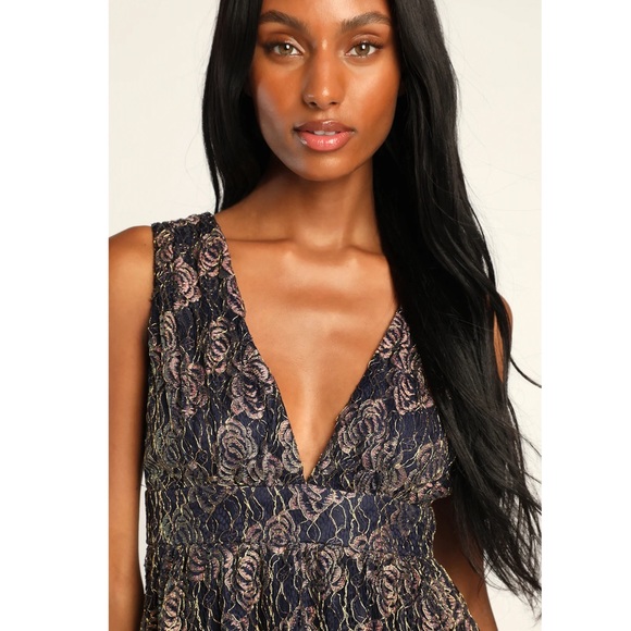 NWT LULUS Tawny Navy Blue and Gold Metallic Lace Skater Dress - Picture 5 of 11